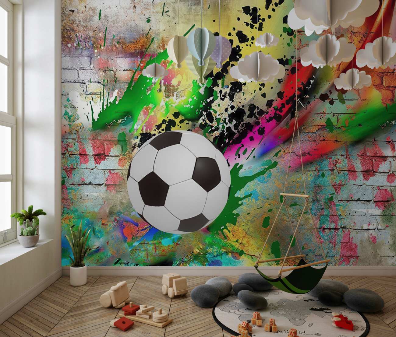 Fototapeta Piłka nożna na tle ceglanej ściany
