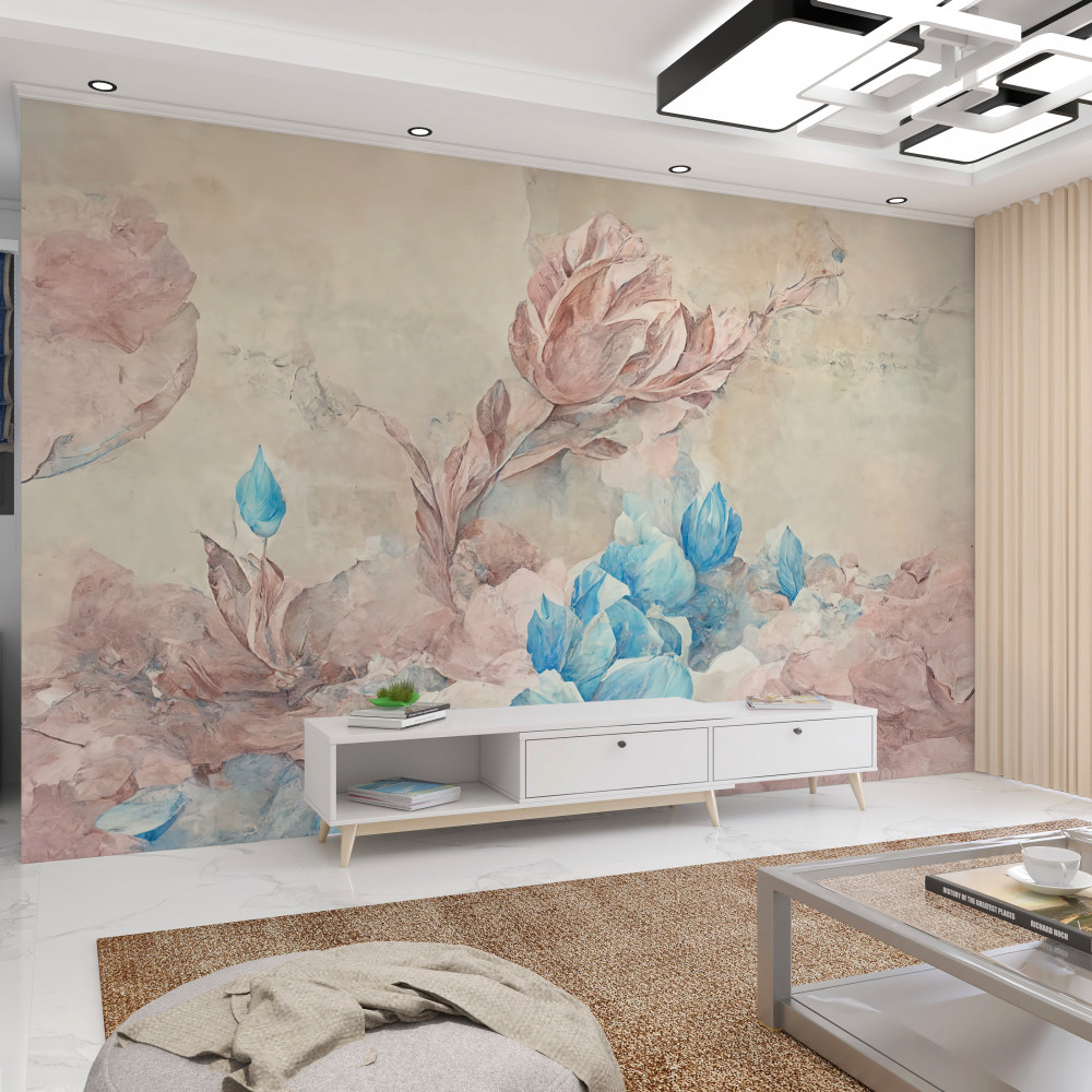 Fototapeta różowe kwiaty z niebieskimi płatkami