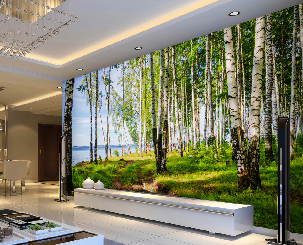 Fototapeta zielona łąka brzozowa w pobliżu jeziora