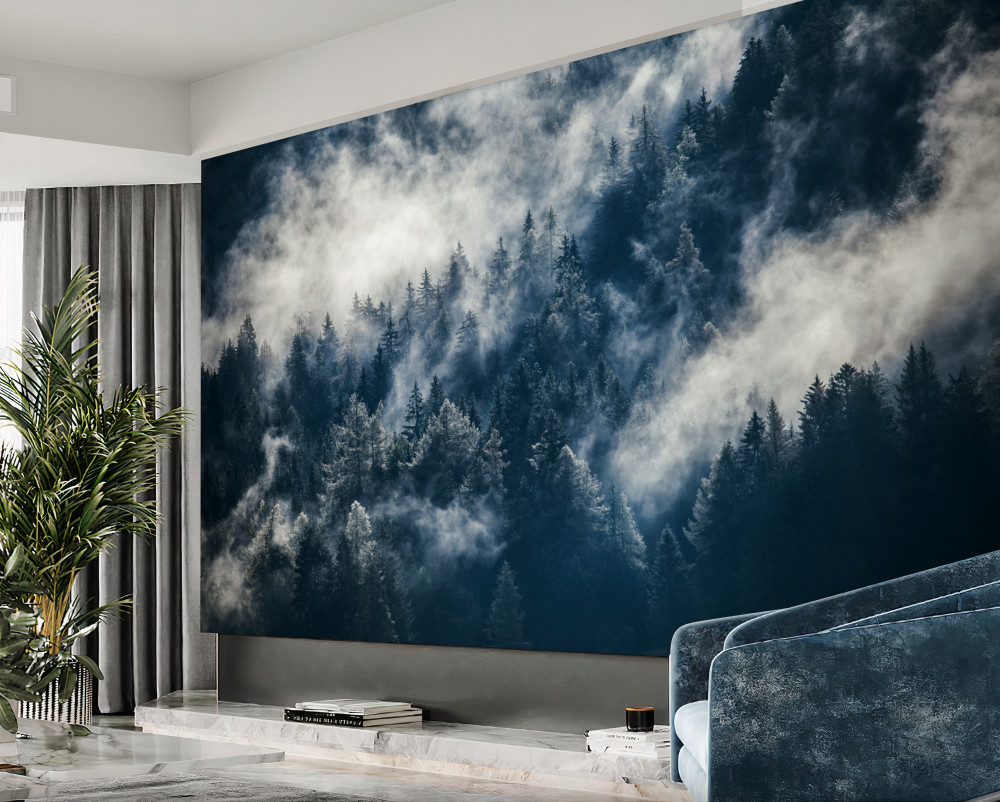 Fototapeta gęsta mgła pokrywa las nocą