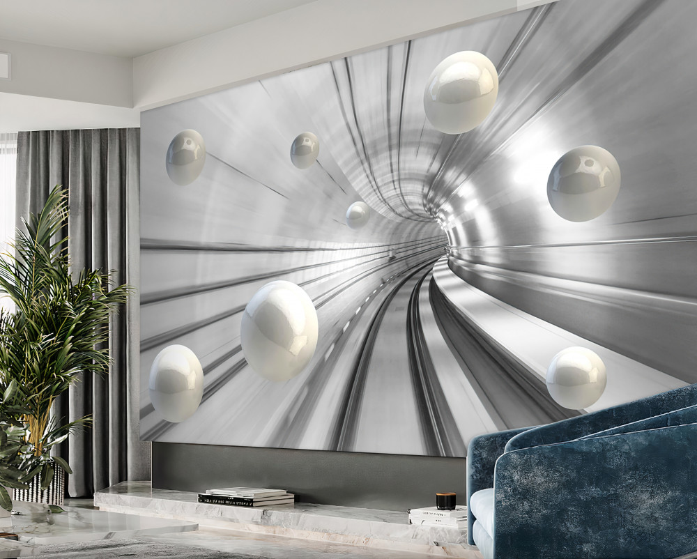 Fototapeta tunel z latającymi białymi kulkami