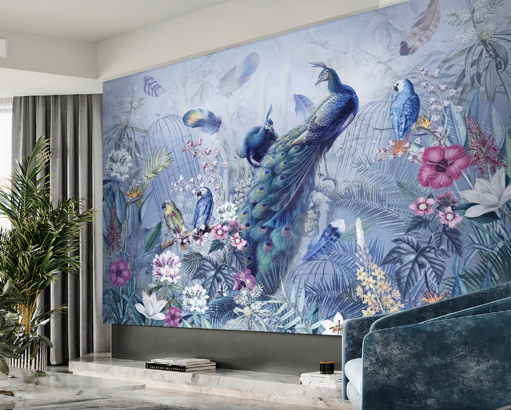 Fototapeta paw i papugi w ukwieconym ogrodzie