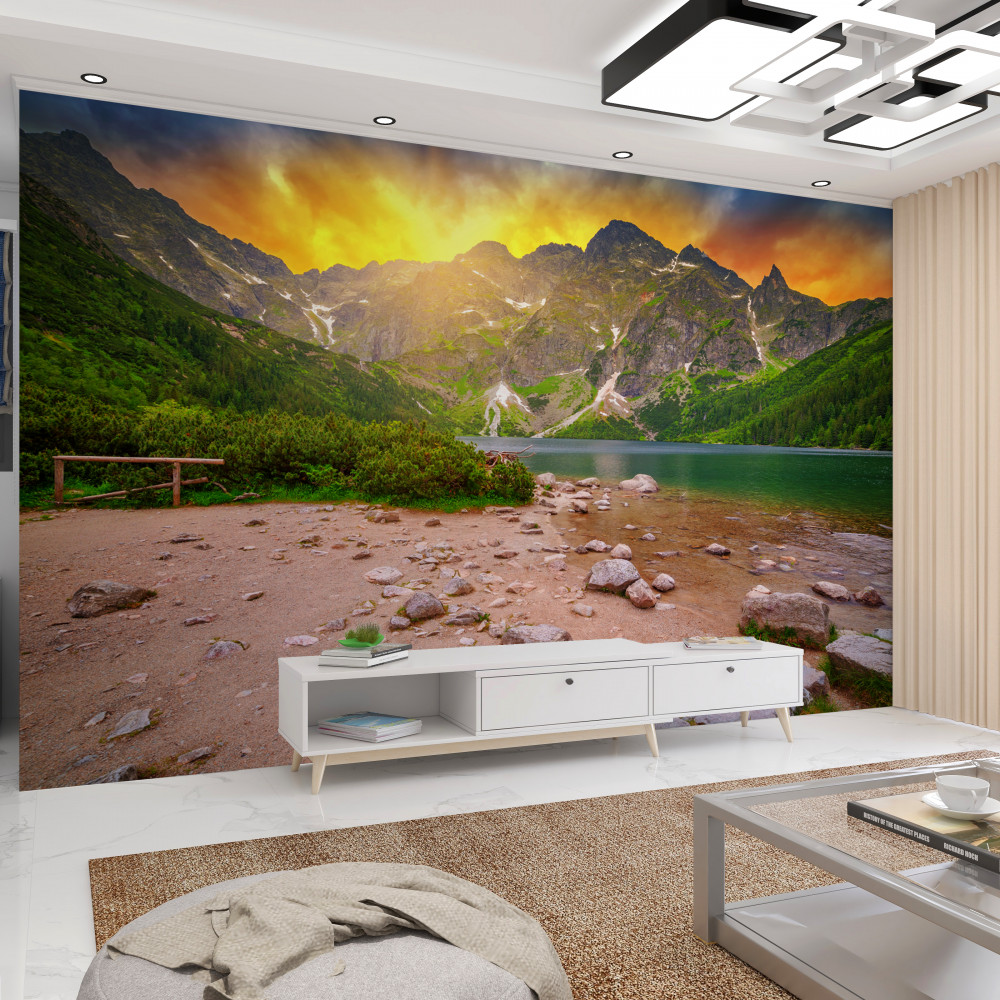 Fototapeta zachód słońca nad górskim jeziorem i szczytami tatr