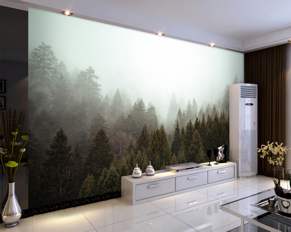 Fototapeta jasny świt we mgle lasu iglastego