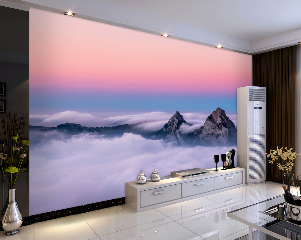 Fototapeta różowe niebo nad pochmurnymi górami