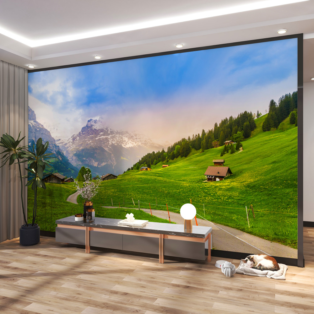 Fototapeta droga przez zieloną łąkę do gór