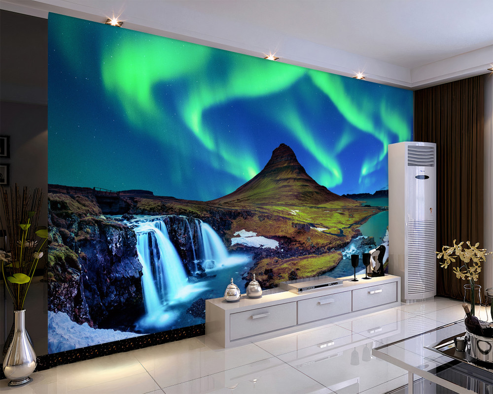 Fototapeta niesamowita zorza polarna przy wodospadzie