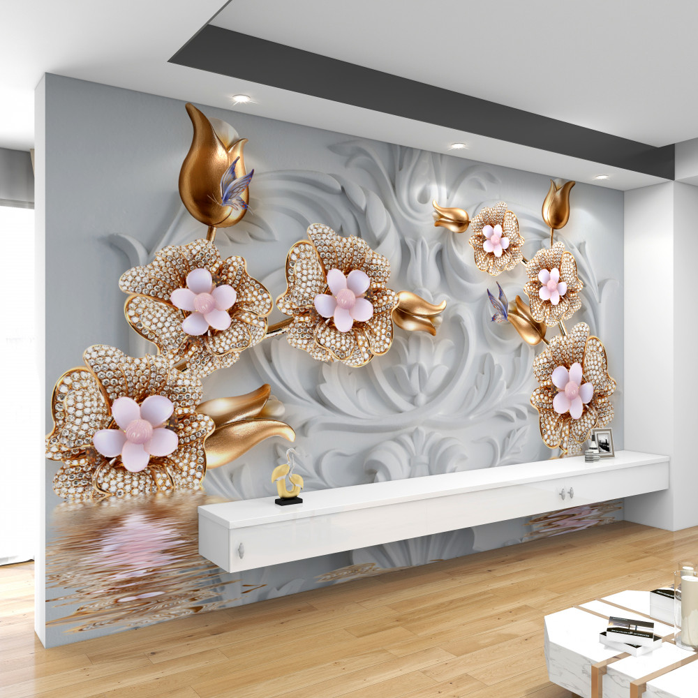 Fototapeta białe kwiaty z brązu i dżetów