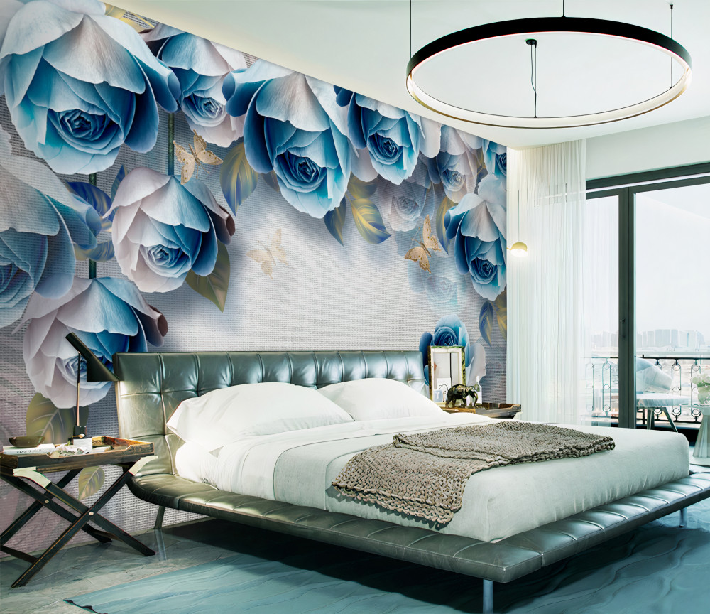 Fototapeta niebieskie róże i motyle