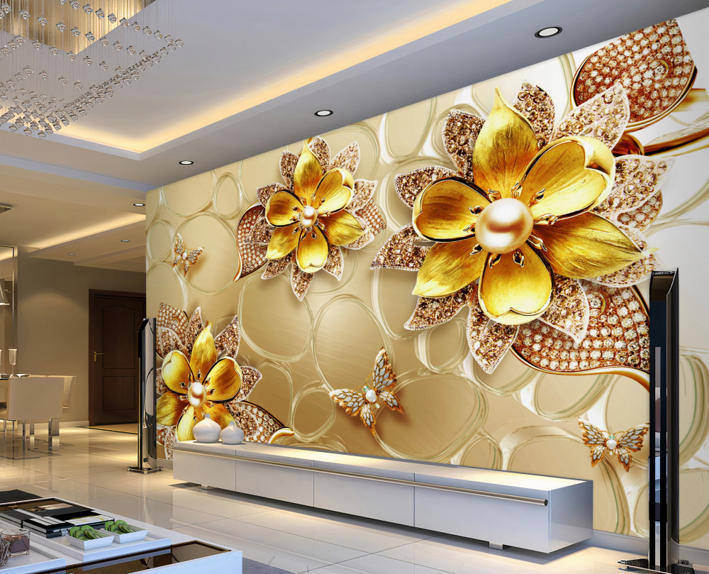 Fototapeta złote kwiaty z kryształkami