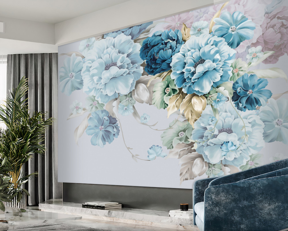 Fototapeta w kompozycji kwiaty liliowe i niebieskie