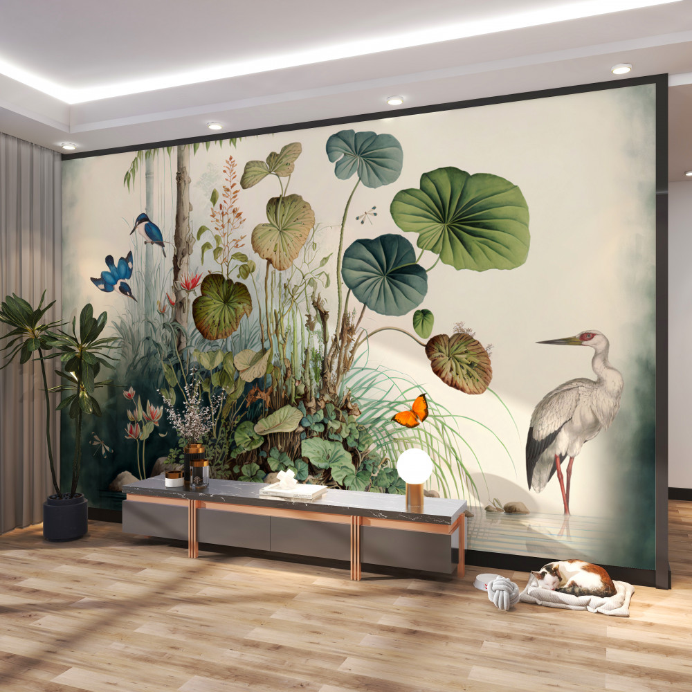 Fototapeta żuraw i samotna wyspa nad jeziorem