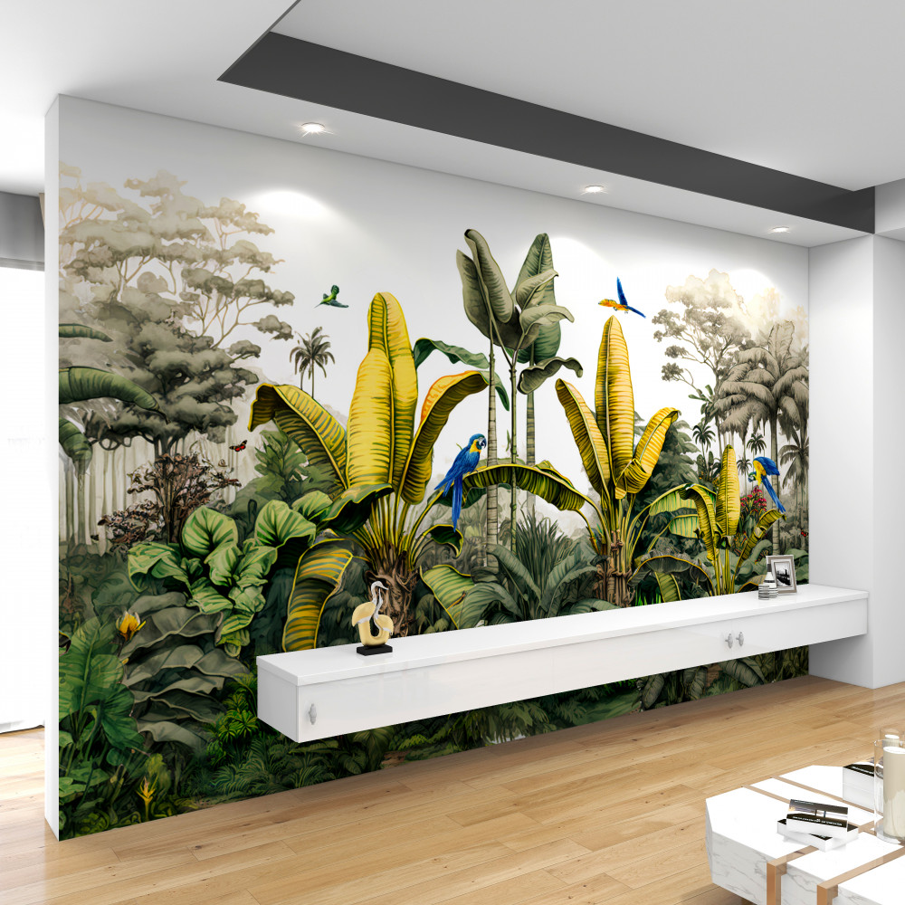 Fototapeta złote liście paproci w zielonym lesie