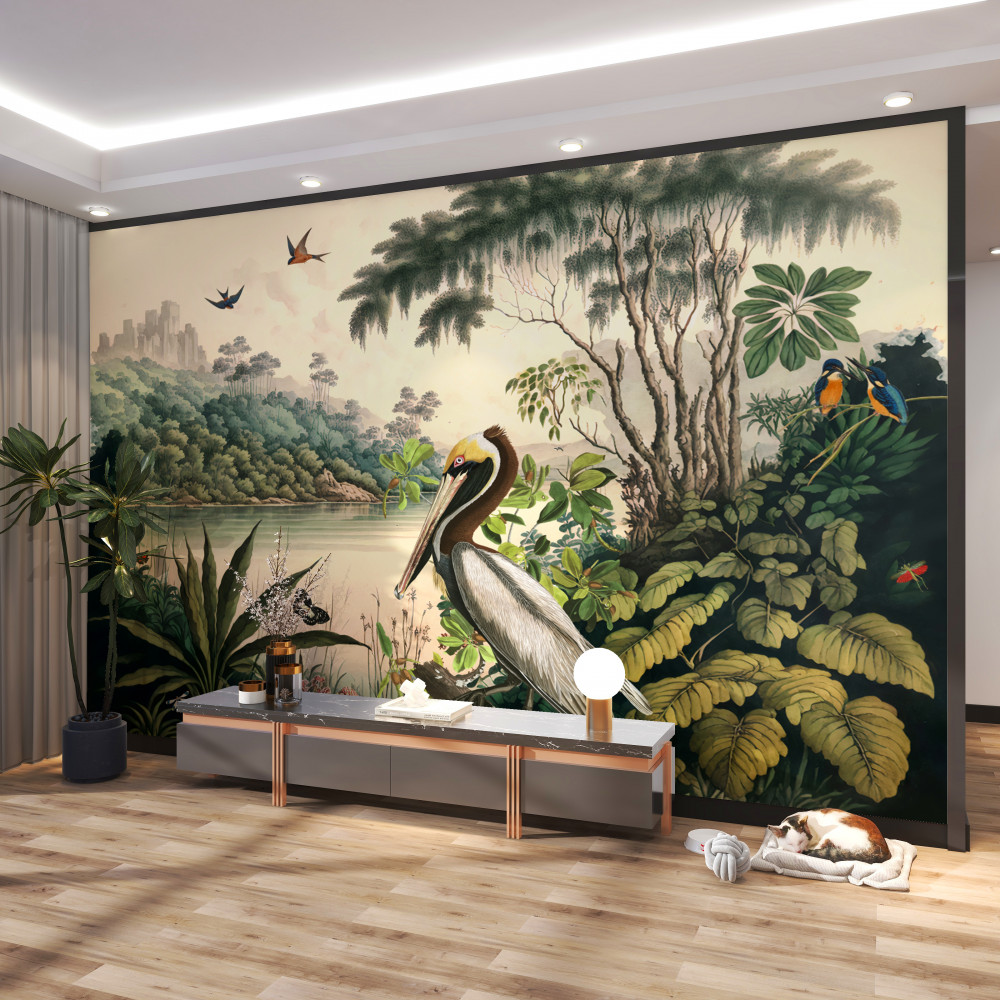 Fototapeta pelikan szukający zdobyczy w pobliżu jeziora