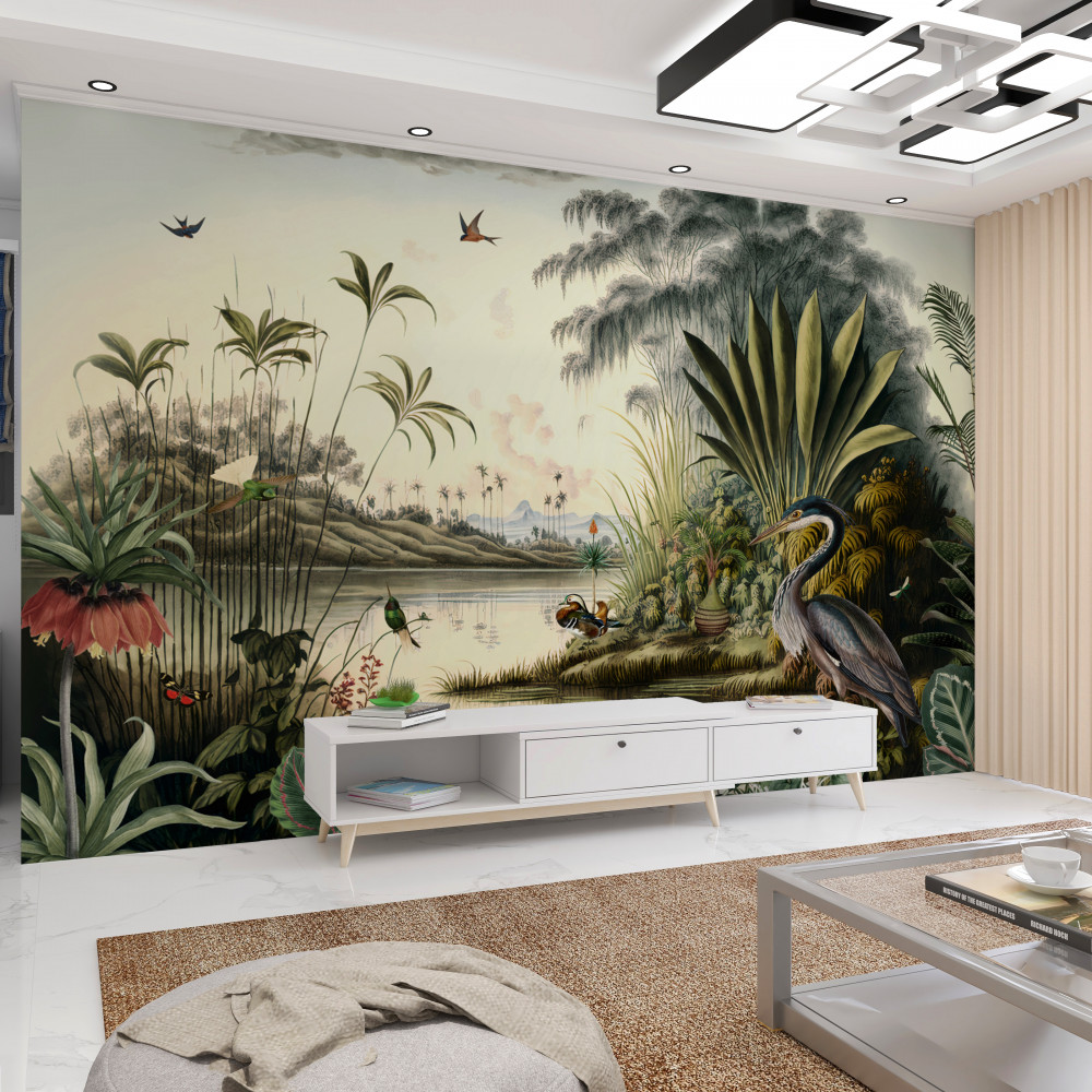 Fototapeta czapla nad zielonym stawem