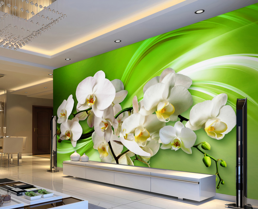 Fototapeta białe orchidee na gałęzi na zielonym tle