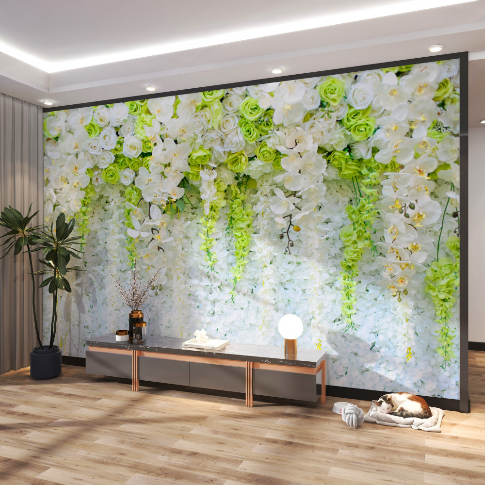 Fototapeta ściana usiana białymi kwiatami orchidei