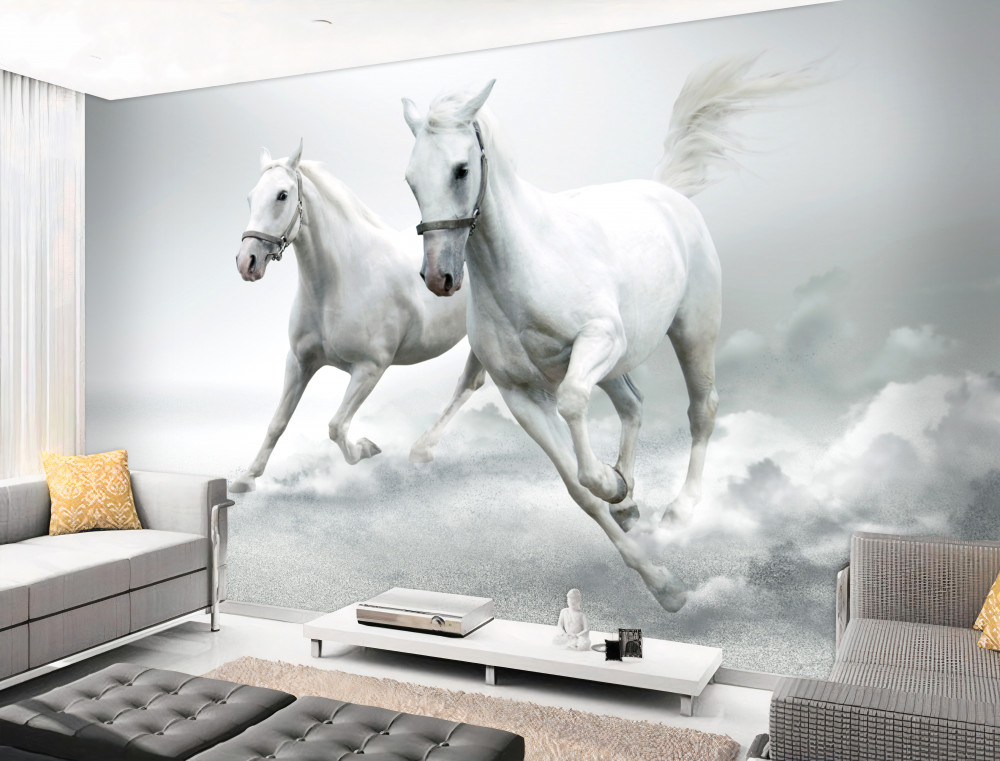 Fototapeta dwa białe konie biegają po białym piasku