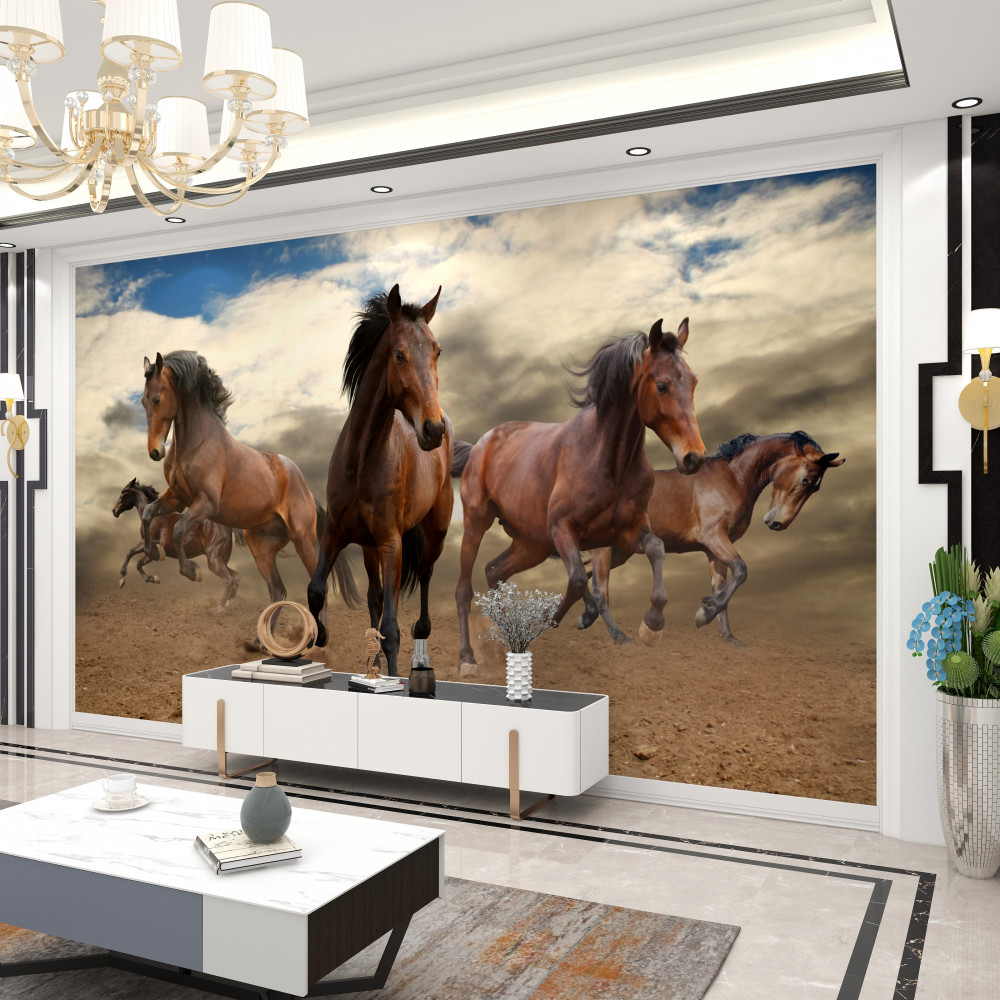 Fototapeta stado brązowych koni biegające po ziemi