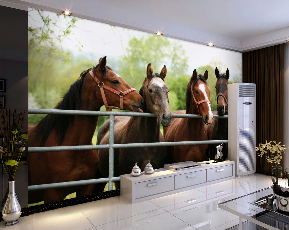 Fototapeta cztery brązowe konie w zagrodzie