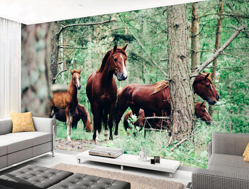 Fototapeta konie idą przez wiosenny las