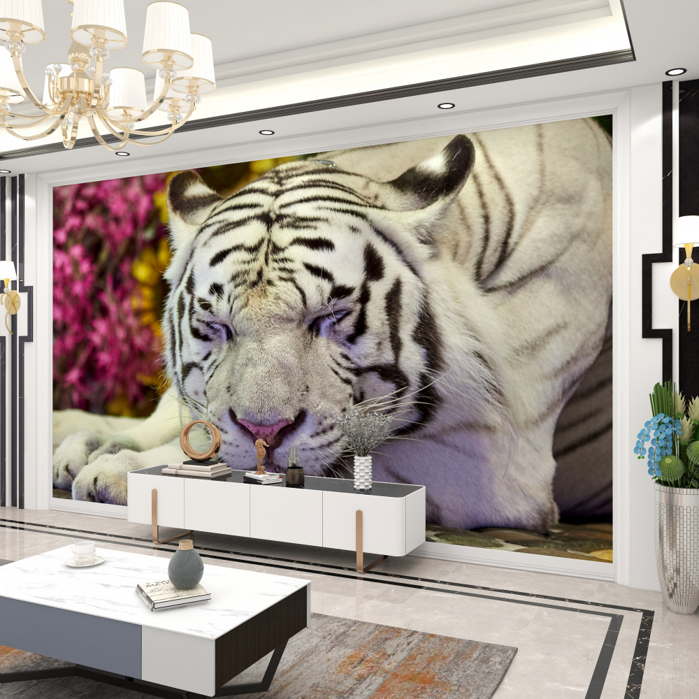 Fototapeta biały tygrys śpi wśród kwiatów