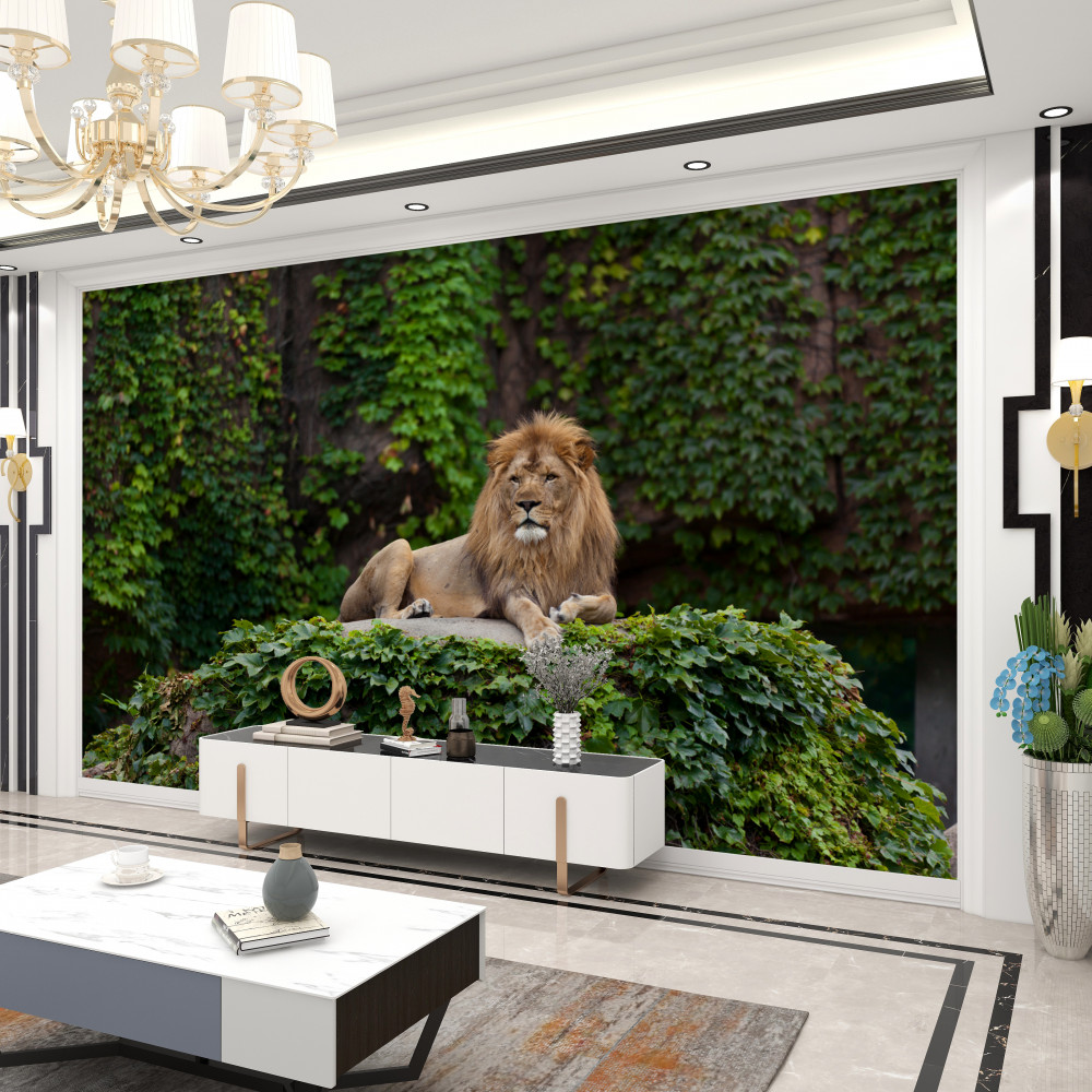 Fototapeta wspaniały lew odpoczywający na skale w przerażeniu