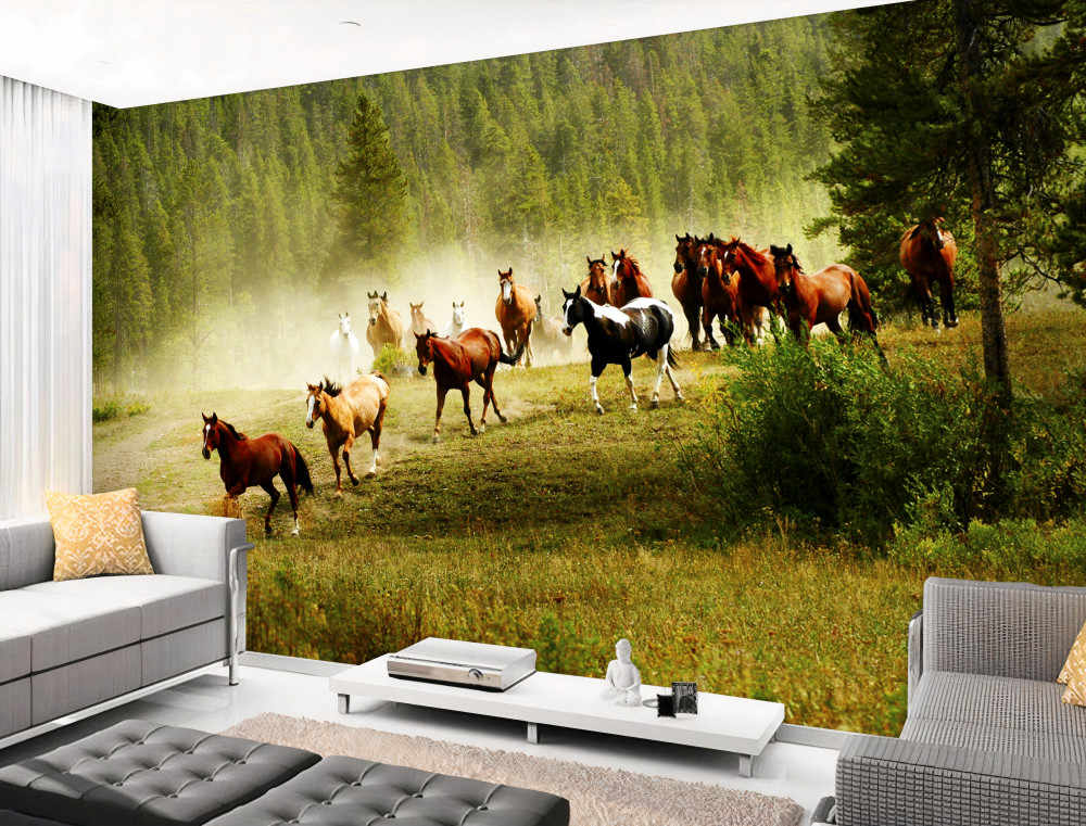 Fototapeta biegające konie po lesie