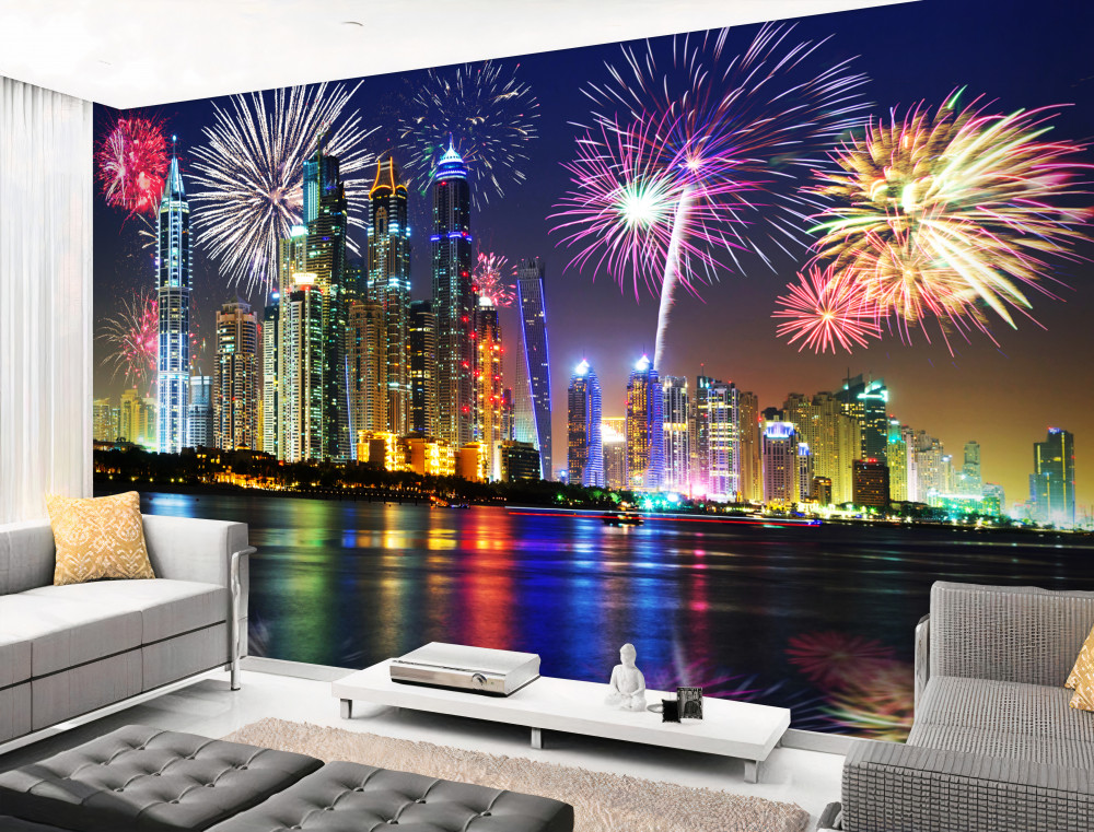 Fototapeta kolorowe fajerwerki nad miastem