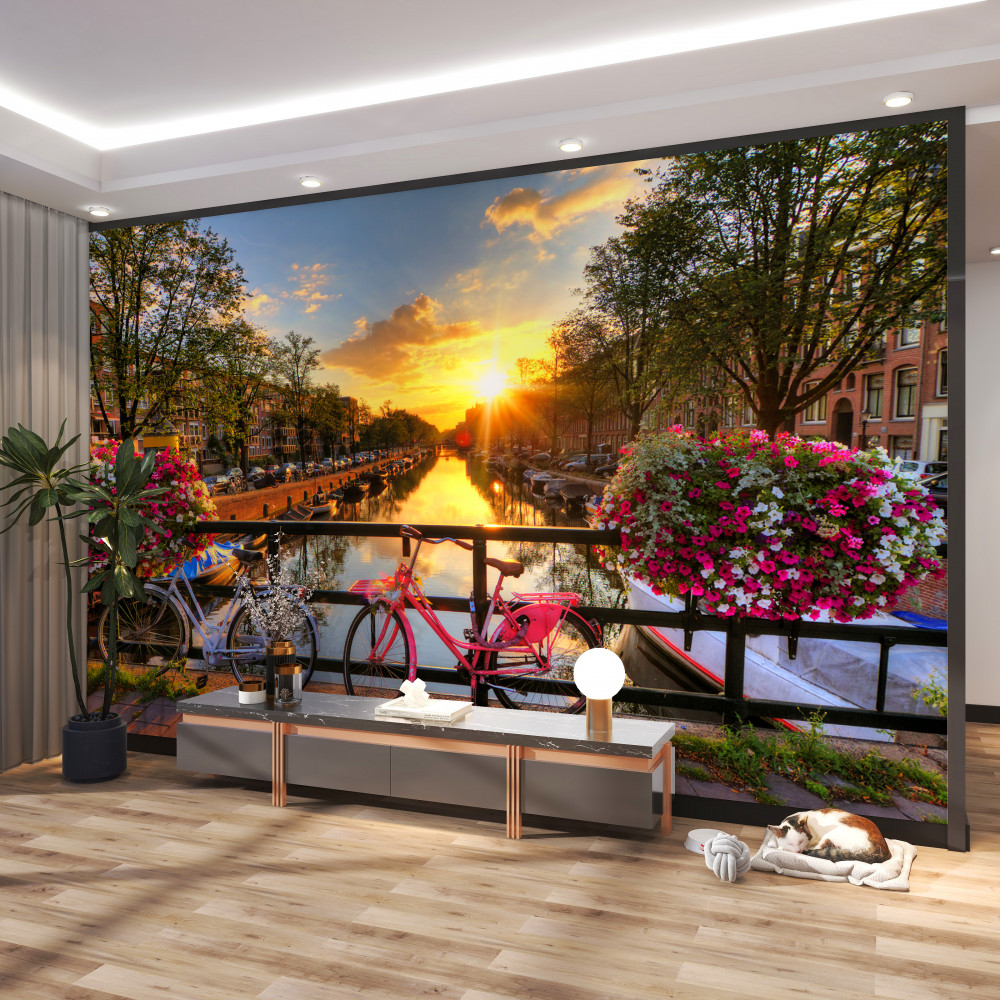 Fototapeta rowery w Amsterdamie o zachodzie słońca