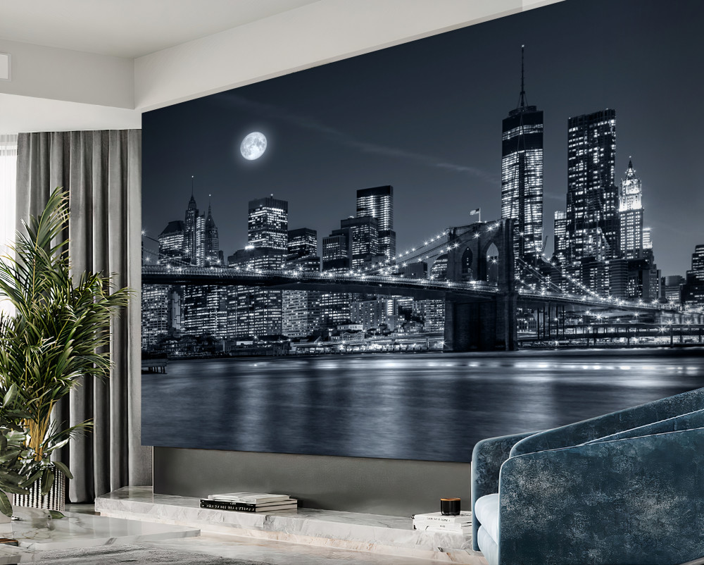 Fototapeta pełnia księżyca nad Nowym Jorkiem czarno-biała