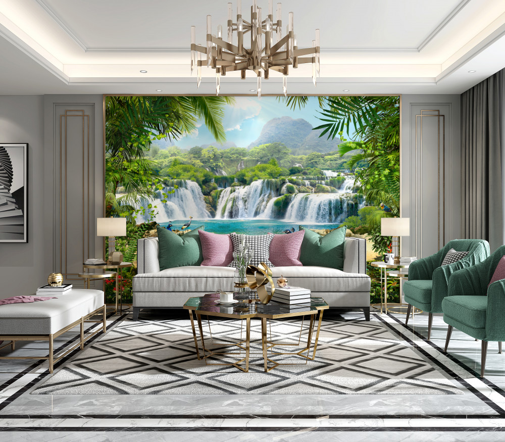 Fototapeta pawie w bajecznych tropikach przy wodospadzie