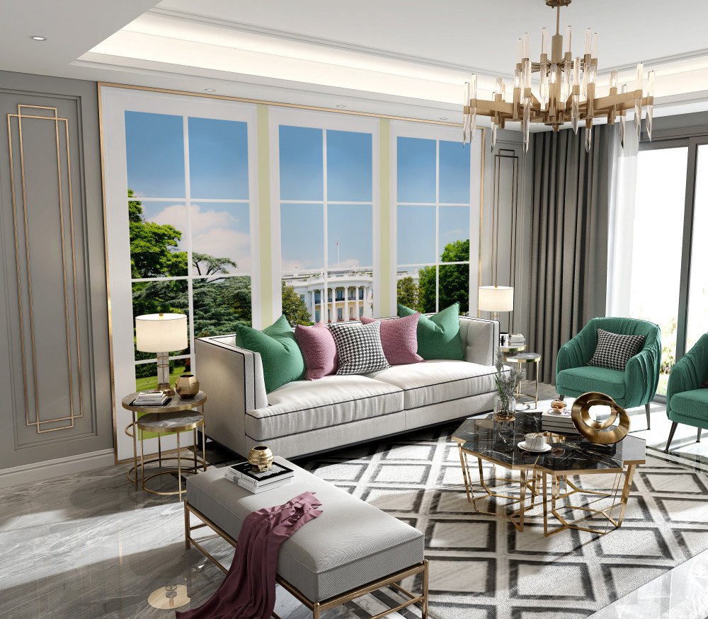 Fototapeta biały dom z łąką za oknami