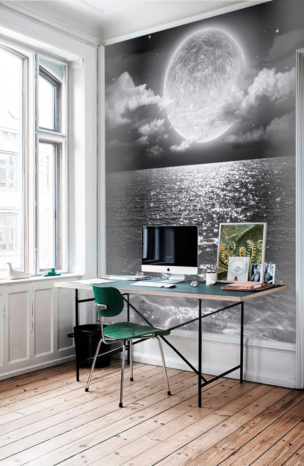 Fototapeta zachód słońca księżyca w morzu czarno-białym