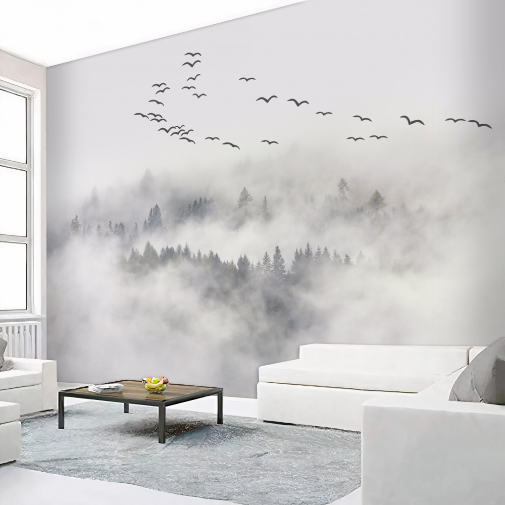 Fototapeta stado ptaków szukających ciepłego miejsca we mgle
