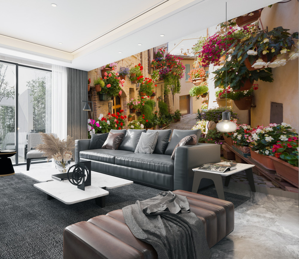 Fototapeta świeże kwiaty na starej ulicy