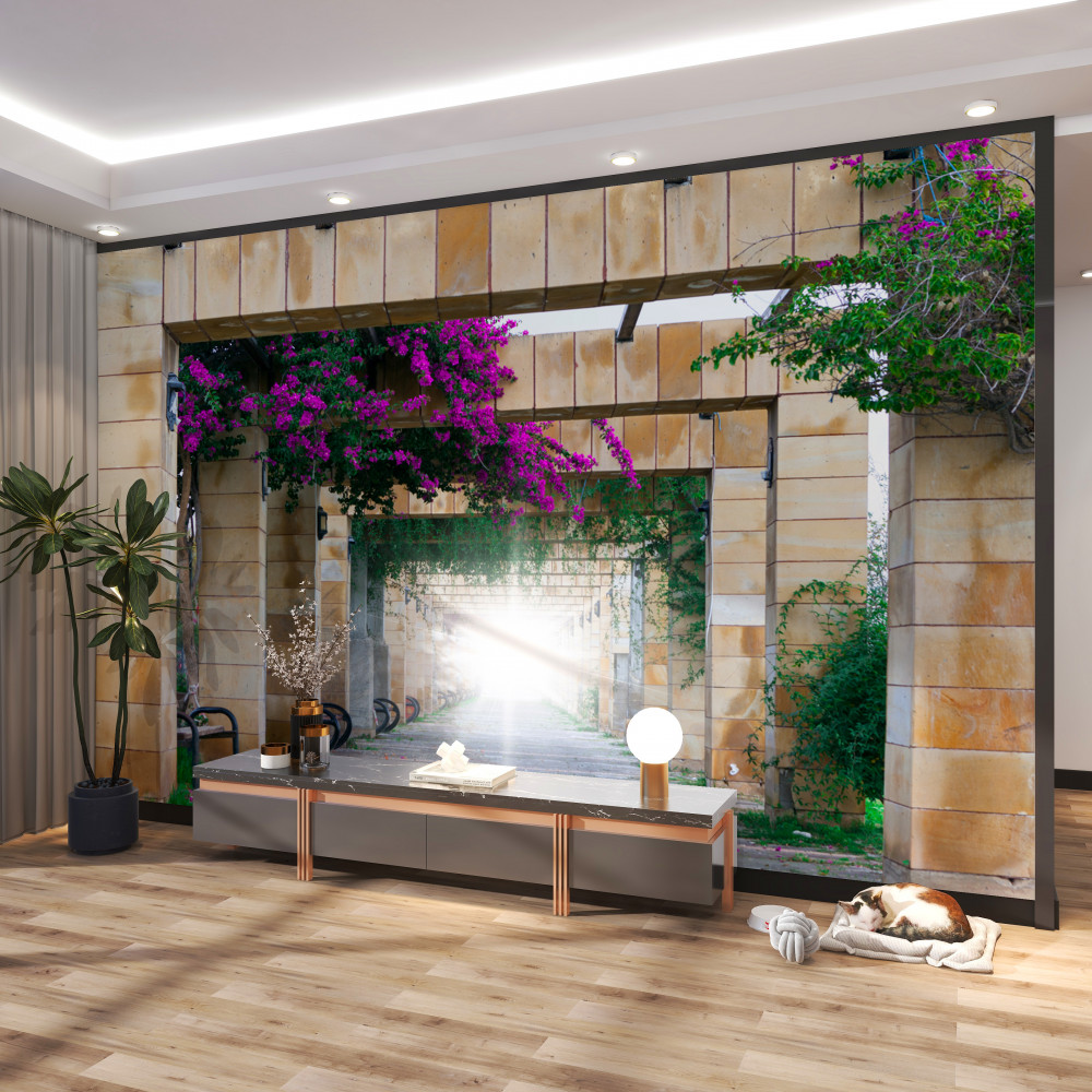 Fototapeta prostokątny kamienny łuk z kwiatami