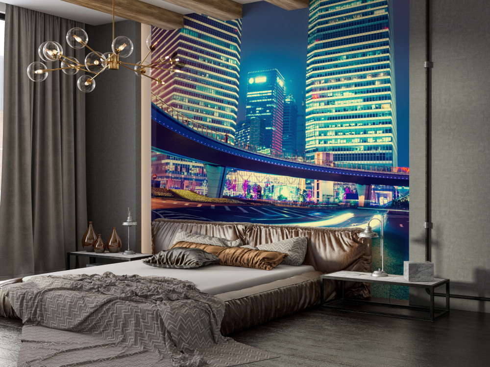 Fototapeta most i drapacze chmur nocnego miasta