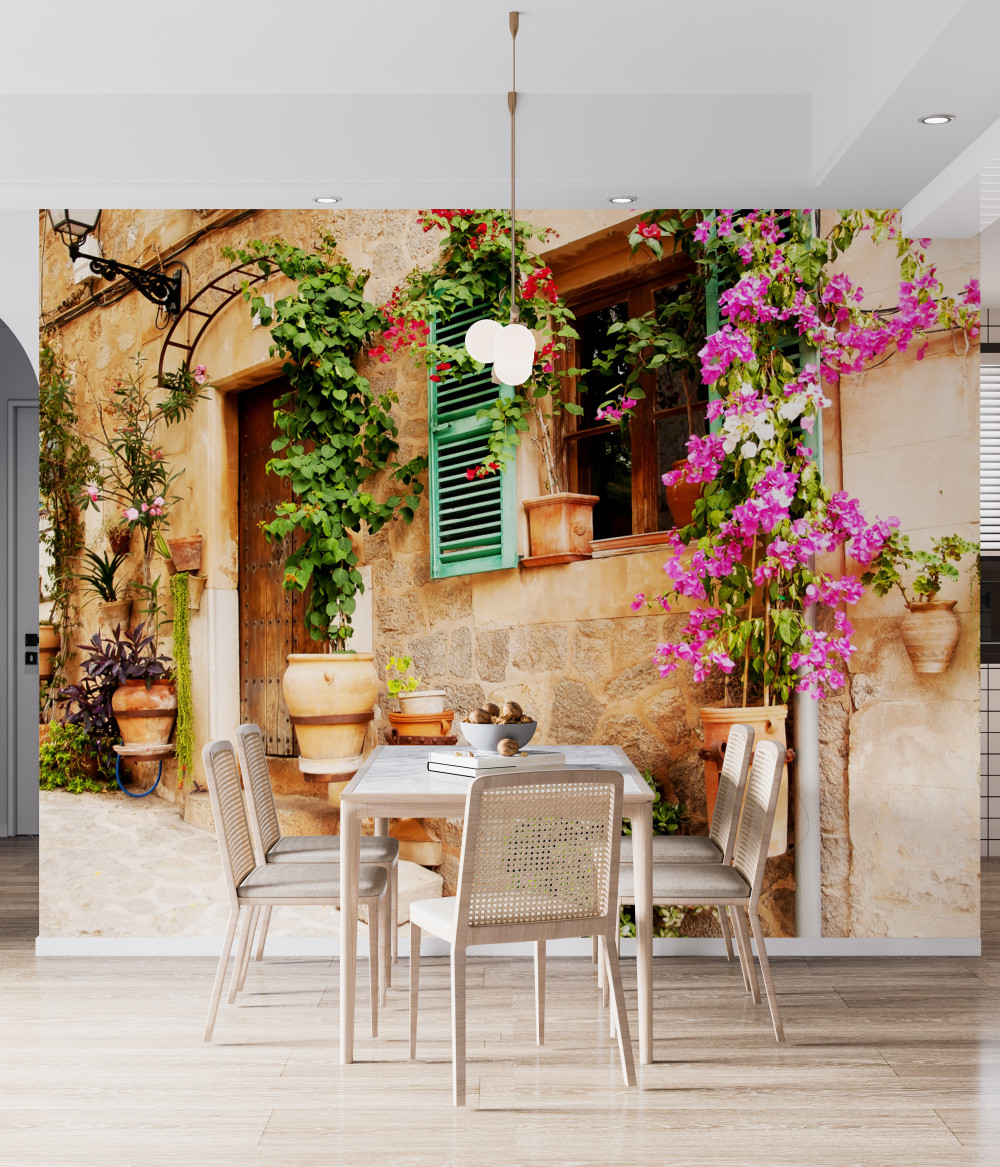 Fototapeta kwiaty w doniczkach na starej ulicy