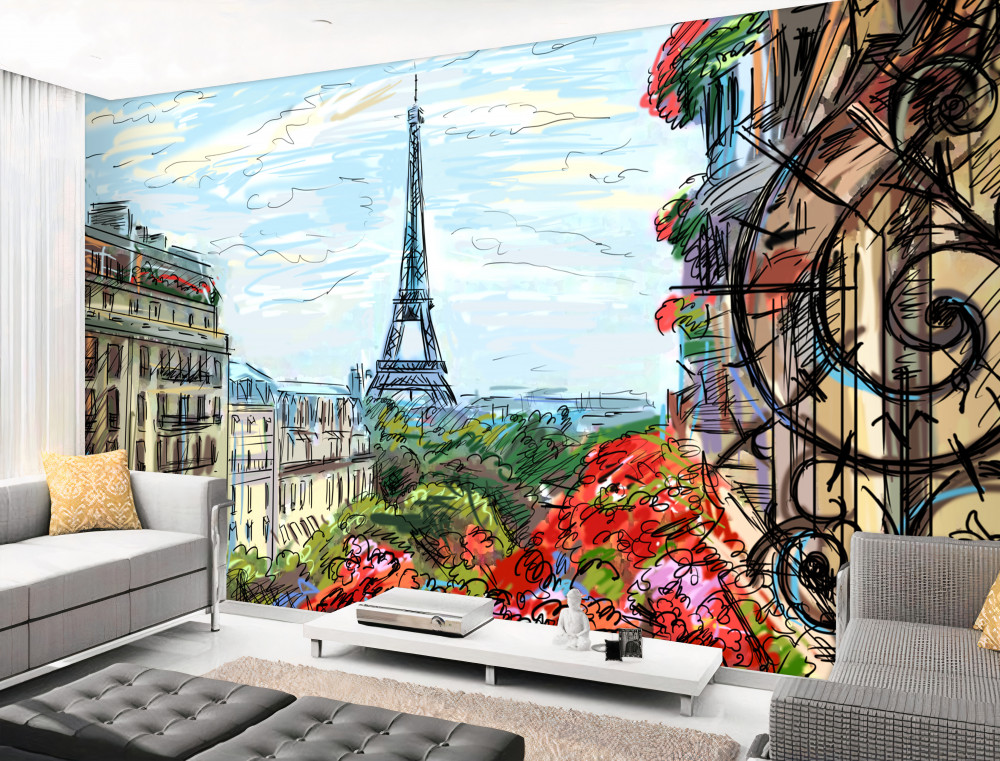 Fototapeta kolorowy widok na Wieżę Eiffla z balkonu