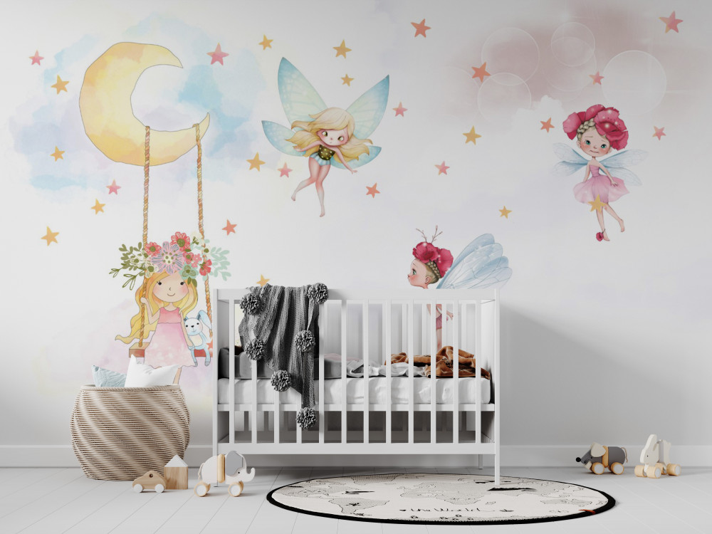 Fototapeta dziewczyna na huśtawce i wróżki