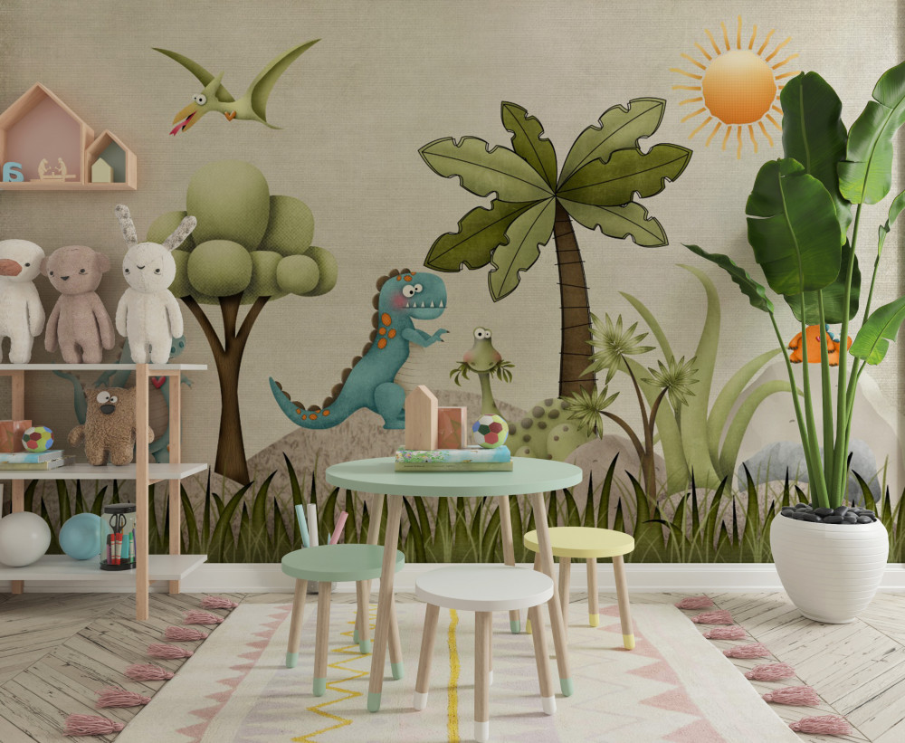 Fototapeta kreskówkowe dinozaury w lesie