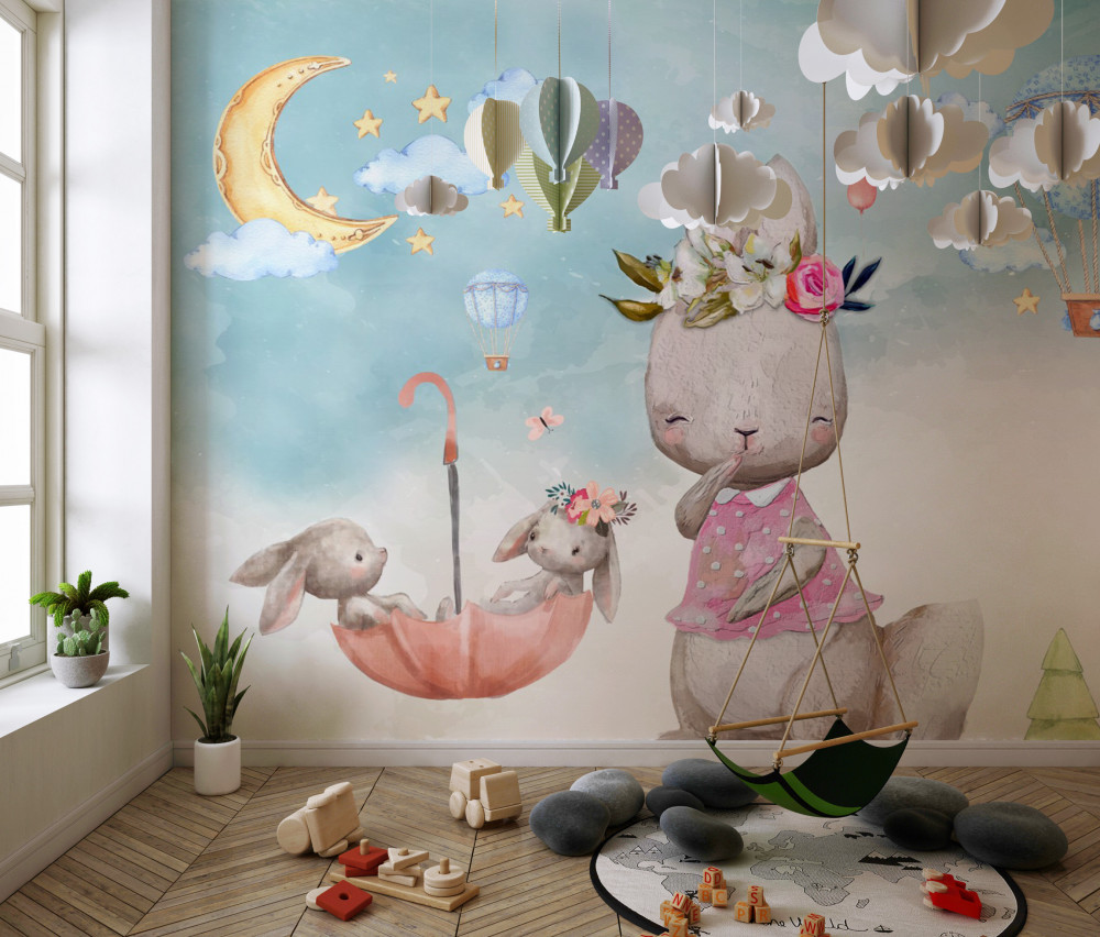 Fototapeta króliczek i jej dzieci w parasolce