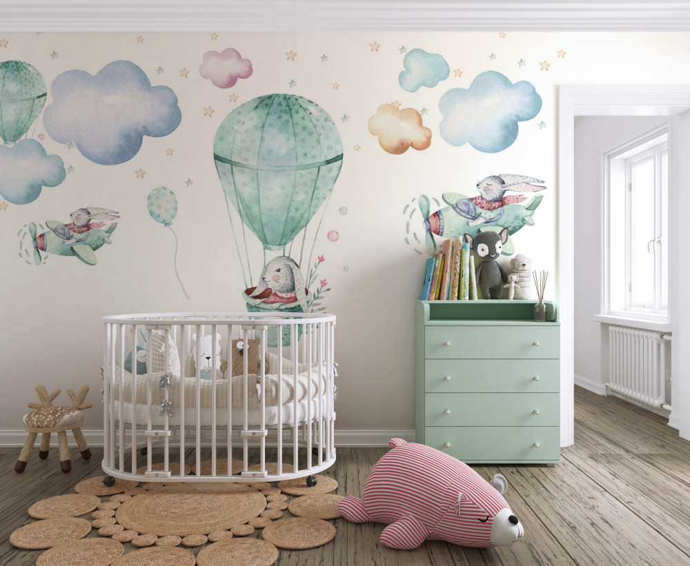 Fototapeta króliki w samolotach i balonie na ogrzane powietrze