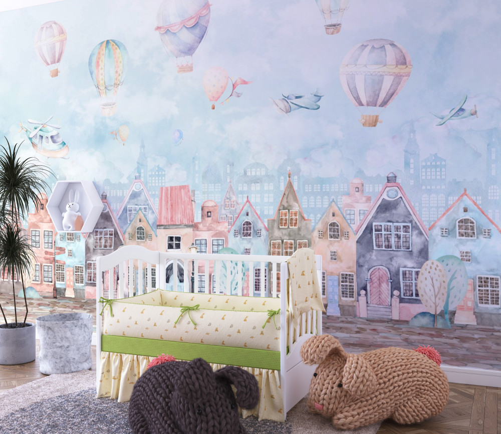 Fototapeta balony nad kolorowymi domami