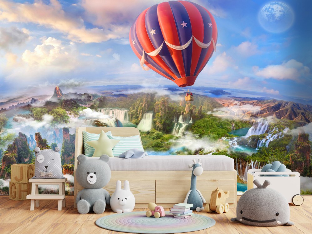 Fototapeta balon na ogrzane powietrze nad pięknymi wodospadami