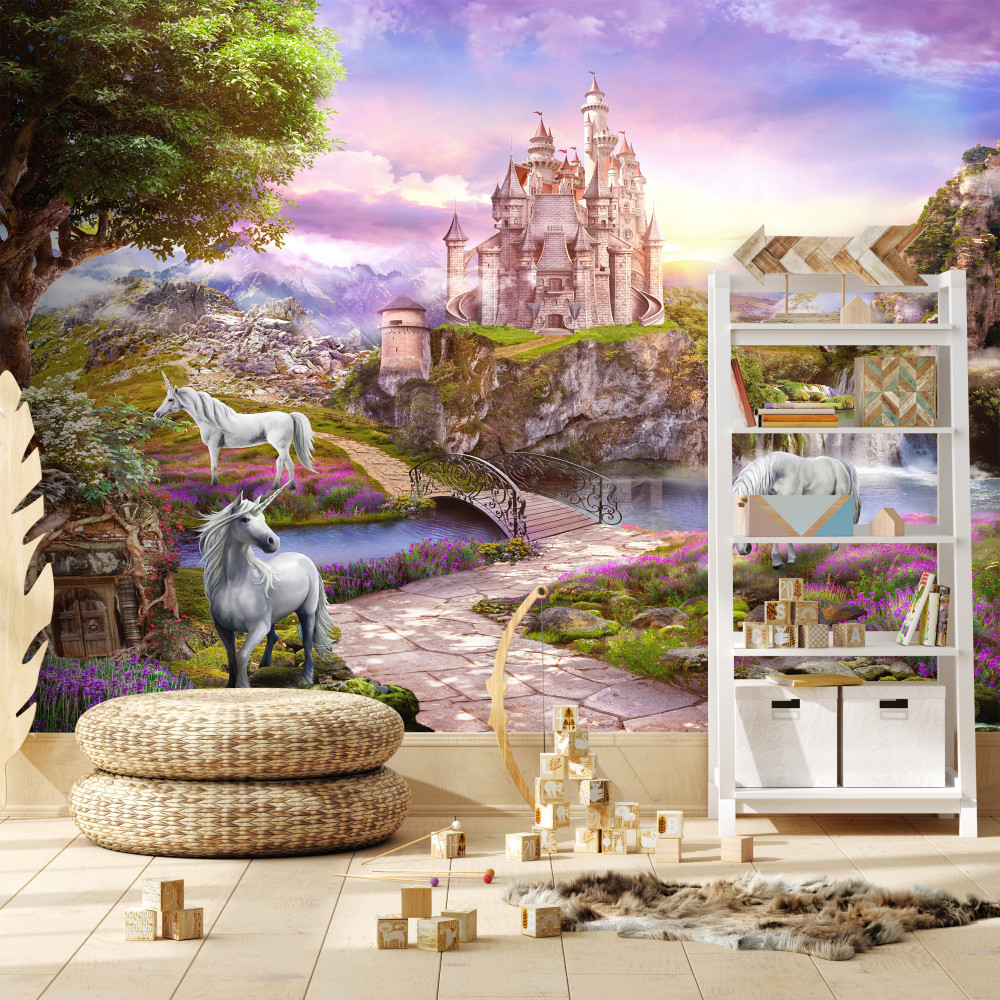 Fototapeta jednorożce nad rzeką w pobliżu zamku