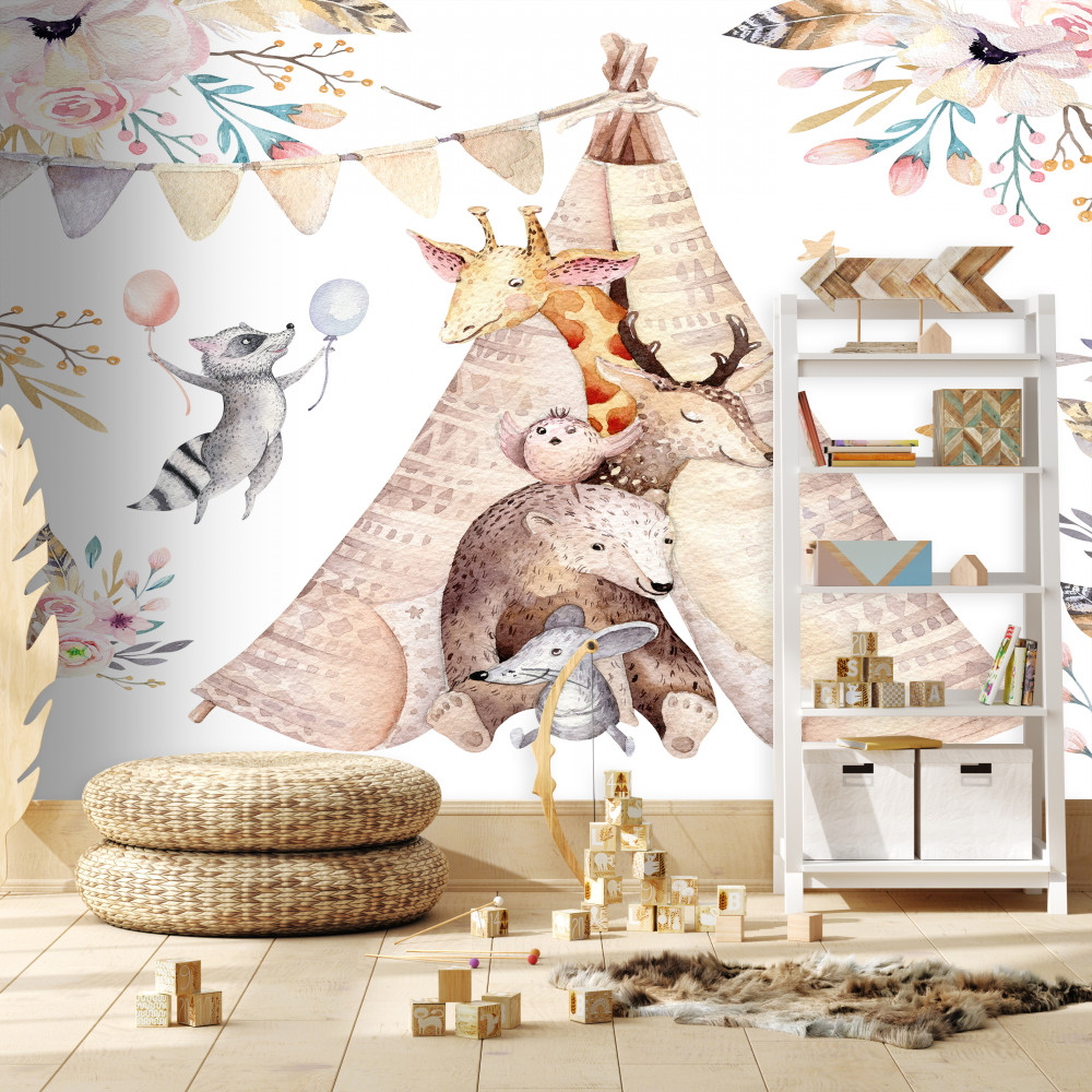 Fototapeta zwierzęta obserwują z wigwamu