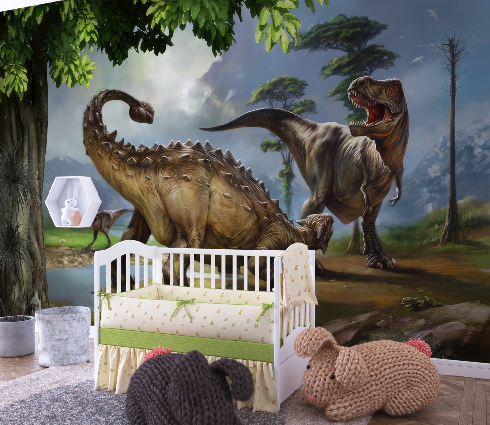 Fototapeta dinozaury w pobliżu wody w lesie