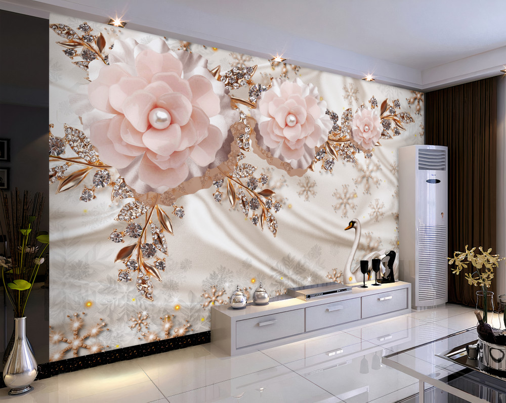 Fototapeta różowe kwiaty ze złotymi i białymi łabędziami